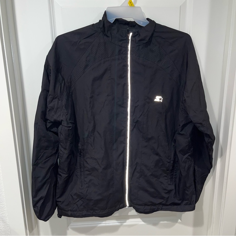 Starter Black & reflective Mesh Lined Full Zip Windbreaker Jacket Men size L